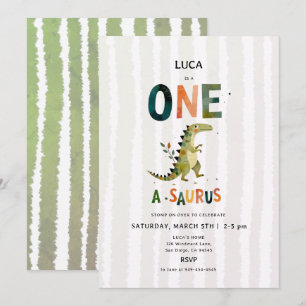 Dinosaur Oneasaurus Green Stripes 1st Birthday Invitation