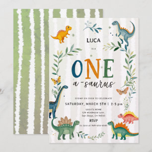 Dinosaur Oneasaurus Greenery Boy 1st Birthday Invitation