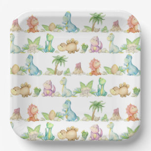 Dinosaur Paper Plates, Watercolor Dino Party Plates