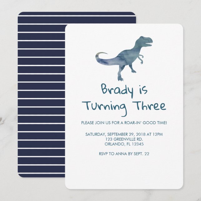 Dinosaur Party Blue Stripe Invitation (Front/Back)