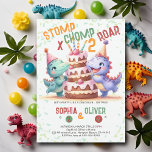 Dinosaur Party Cake Funny Joint Sibling Birthday Invitation<br><div class="desc">A fun and cute birthday party invitation for two, with a dinosaur theme and the title Stomp Chomp & Roar, featuring a watercolor illustration of two adorable dinosaurs wearing party hats, tipping over a giant birthday cake. Celebrate your wild little ones with this roaring funny invitation that will set the...</div>