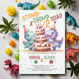 Dinosaur Party Cake Funny Joint Sibling Birthday Invitation