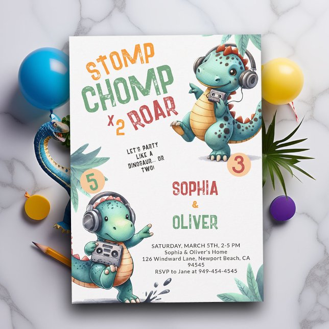 Dinosaur Party Dance Funny Joint Sibling Birthday Invitation (Dinosaur joint siblings invitation dino stomp chomp roar pre historic jungle hip dance party funny)