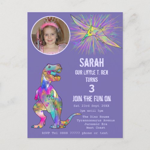 Dinosaur Party Girl 3rd Birthday Purple Photo Dino Invitation Postcard