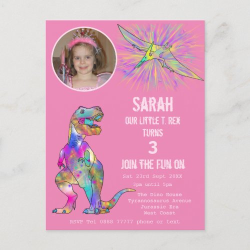 Dinosaur Party Girls 3rd Birthday Photo Pink Dino Invitation Postcard