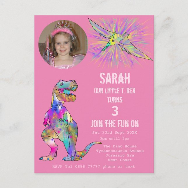 Dinosaur Party Girls 3rd Birthday Photo Pink Dino Invitation Postcard (Front)
