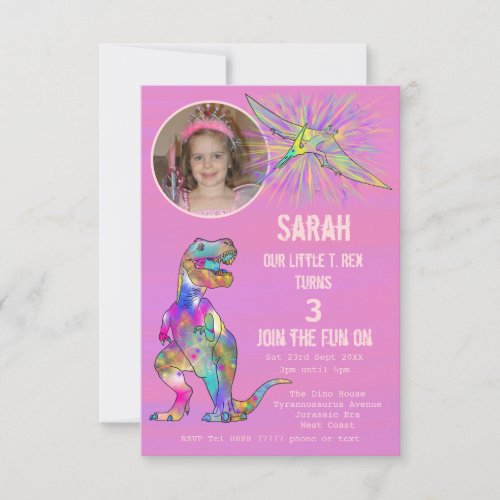 Dinosaur Party Girls 3rd Birthday Photo Pink Invitation
