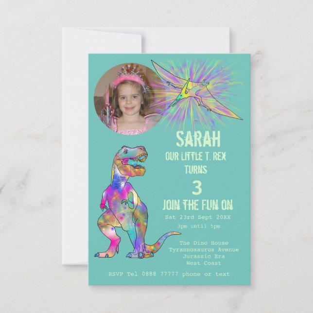 Dinosaur Party Girls 3rd Birthday photo Teal Dino Invitation (Front)