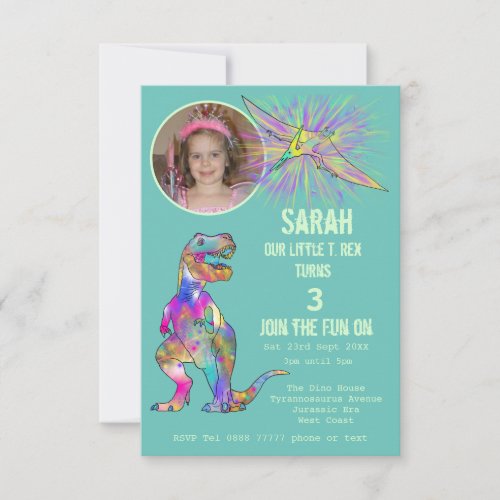 Dinosaur Party Girls 3rd Birthday photo Teal Dino Invitation