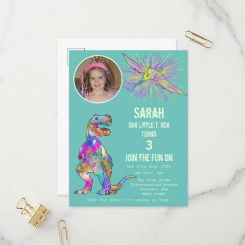 Dinosaur Party Girls 3rd Birthday Photo Teal  Invitation Postcard
