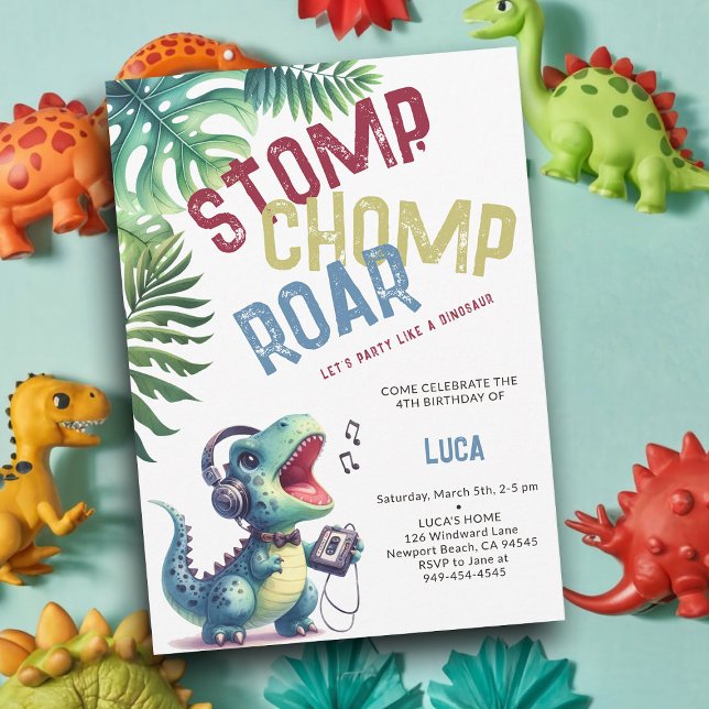 Dinosaur Party Moves Stomp Chomp Roar Boy Birthday Invitation (Dinosaur boy birthday invitation dino stomp chomp roar pre historic jungle song dance party cute fun)