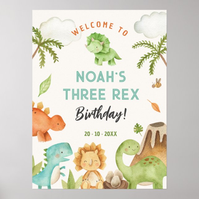 Dinosaur Party Signs - Boy Birthday Welcome Poster (Front)