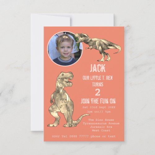 Dinosaur Party T Rex Boys 2nd Birthday Photo Coral Invitation