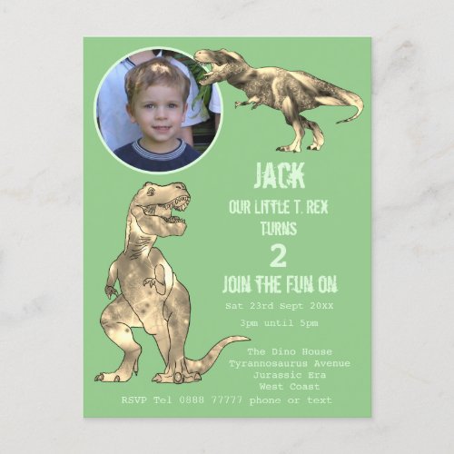 Dinosaur Party T Rex Boys 2nd Birthday Photo Green Invitation Postcard