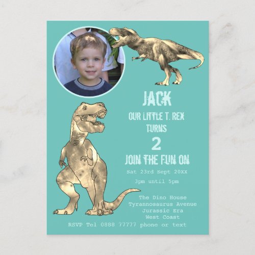 Dinosaur Party T Rex Boys 2nd Birthday Teal Photo  Invitation Postcard