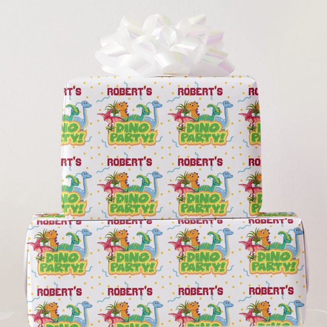 Dinosaur Party Time Add Name Boy's Birthday Wrapping Paper (Creator Uploaded)