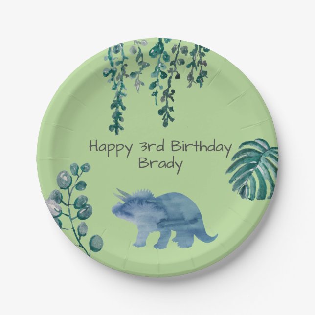 Dinosaur Party Triceratops Green Paper Plates (Front)