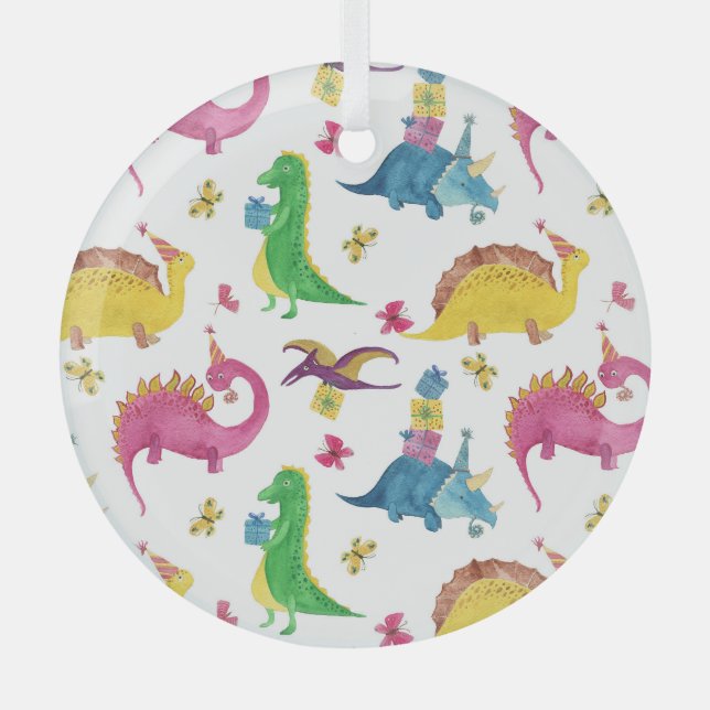 Dinosaur party: watercolor pattern. glass ornament (Front)