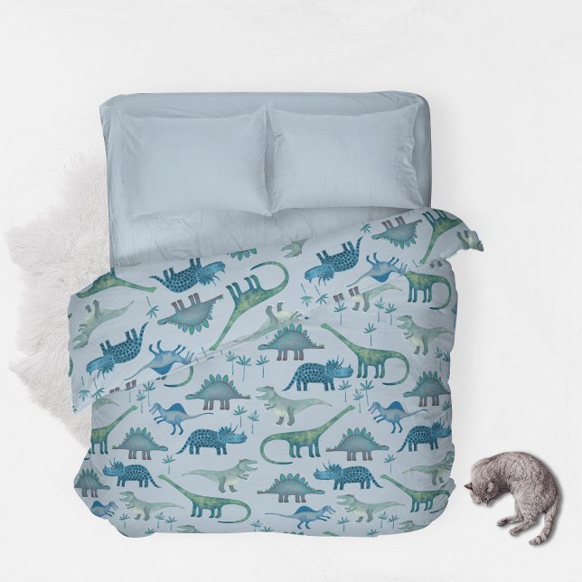 Dinosaur Pattern Blue Duvet Cover (Fun dinosaur pattern blue duvet cover with Diplodocus, Tyrannosaurus rex, spinosaurus, triceratops)