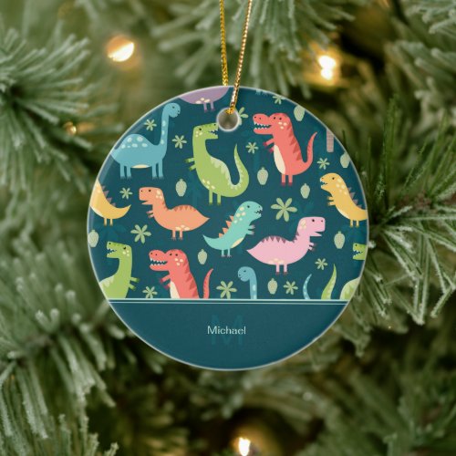 Dinosaur Pattern Blue Kid Monogram Boy Christmas Ceramic Ornament