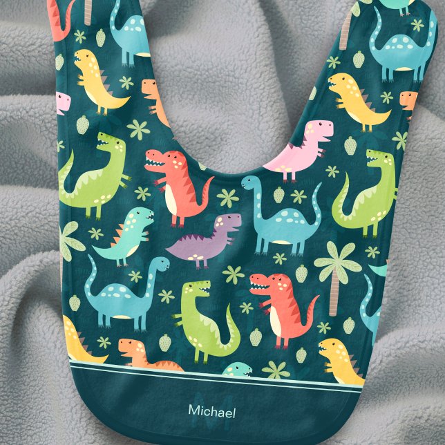 Dinosaur Pattern Blue Monogrammed Boy Baby Bib (Creator Uploaded)