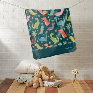 Dinosaur Pattern Blue Monogrammed Boy Baby Blanket