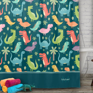 Dinosaur Pattern Blue Monogrammed Kid Boy Bathroom Shower Curtain