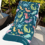 Dinosaur Pattern Blue Monogrammed Kid Boy Beach Towel<br><div class="desc">Add a custom Jurassic touch to the ocean trip of your little kid with this monogrammed dinosaur beach towel. Towel has a pattern of colorful dinosaurs on a dark blue background and your little one's first name and monogram in the bottom right corner. There are also palm trees and cacti....</div>