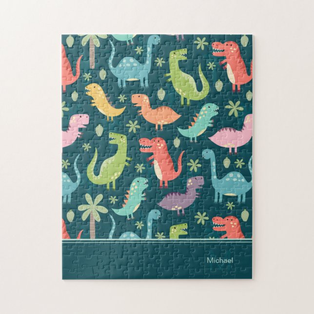 Dinosaur Pattern Blue Monogrammed Kid Boy Jigsaw Puzzle (Vertical)