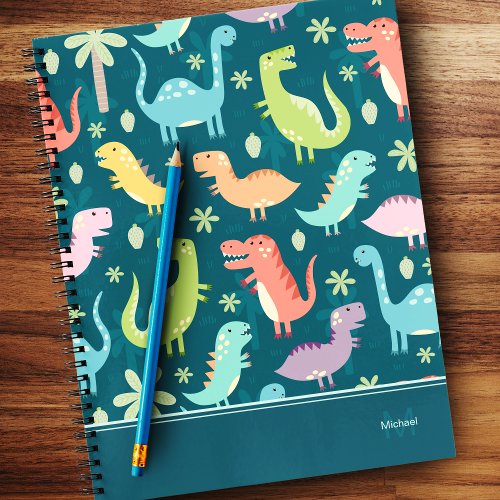 Dinosaur Pattern Blue Monogrammed Kid Boy Notebook