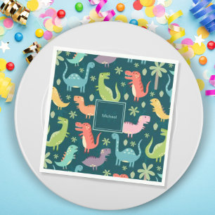 Dinosaur Pattern Blue Monogrammed Kid Boy Party Napkins