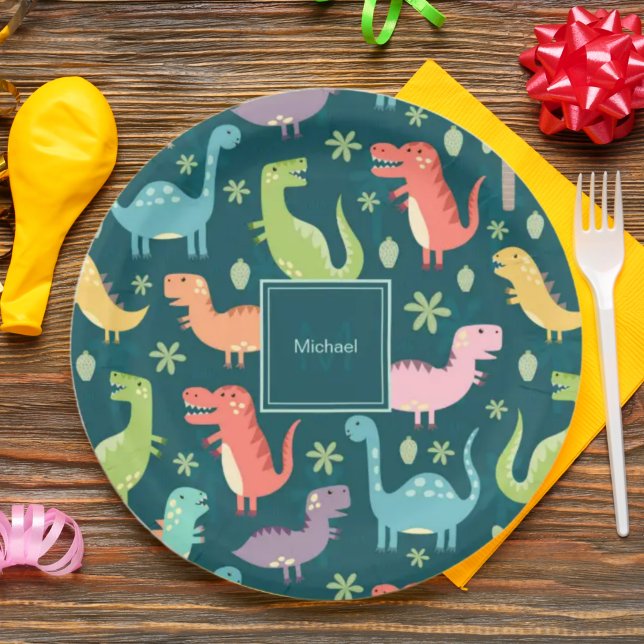 Dinosaur Pattern Blue Monogrammed Kid Boy Party Paper Plates (Creator Uploaded)