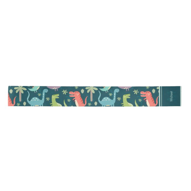 Dinosaur Pattern Blue Monogrammed Kid Boy Party Satin Ribbon (Front)