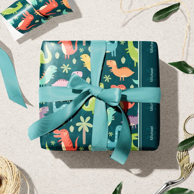 Dinosaur Pattern Blue Monogrammed Kid Boy Party Wrapping Paper (Creator Uploaded)