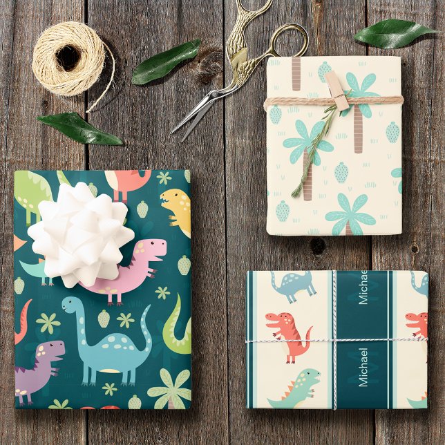 Dinosaur Pattern Blue Monogrammed Kid Boy Party Wrapping Paper Sheets (Creator Uploaded)