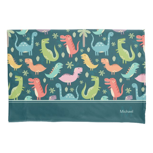 Dinosaur Pattern Blue Monogrammed Kid Boy Pillow Case (Front)