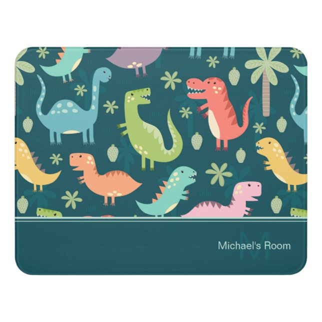 Dinosaur Pattern Blue Monogrammed Kid Boy Room Door Sign (Contemporary Front)