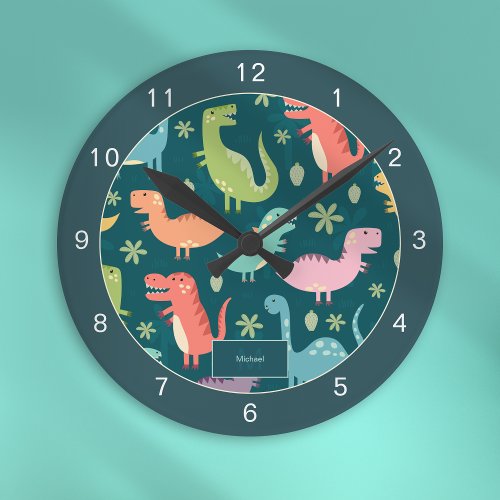 Dinosaur Pattern Blue Monogrammed Kid Boy Round Clock