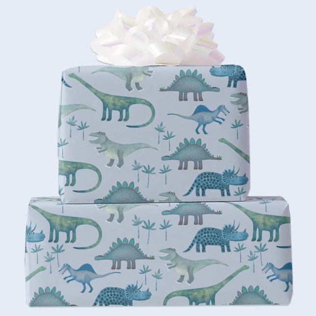 Dinosaur Pattern Blue Wrapping Paper (Cute dinosaur gift wrapping paper roll)