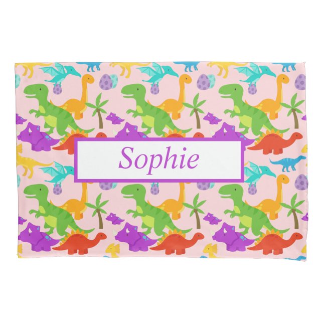 Dinosaur Pattern Colorful Pink Pillow Case (Front)