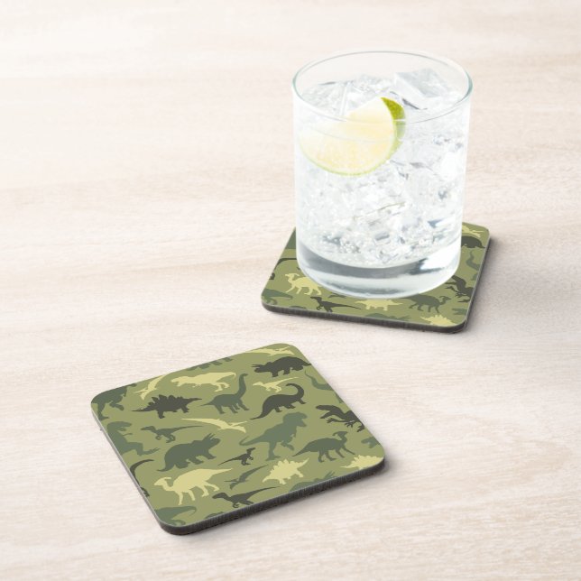 Dinosaur Pattern, Dinosaur Silhouette, Green Dino Beverage Coaster (Right Side)