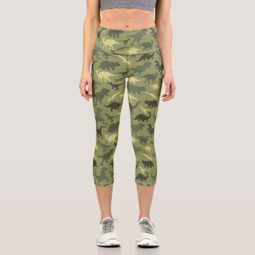 Dinosaur Pattern Dinosaur Silhouette Green Dino Capri Leggings