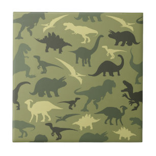 Dinosaur Pattern, Dinosaur Silhouette, Green Dino Ceramic Tile