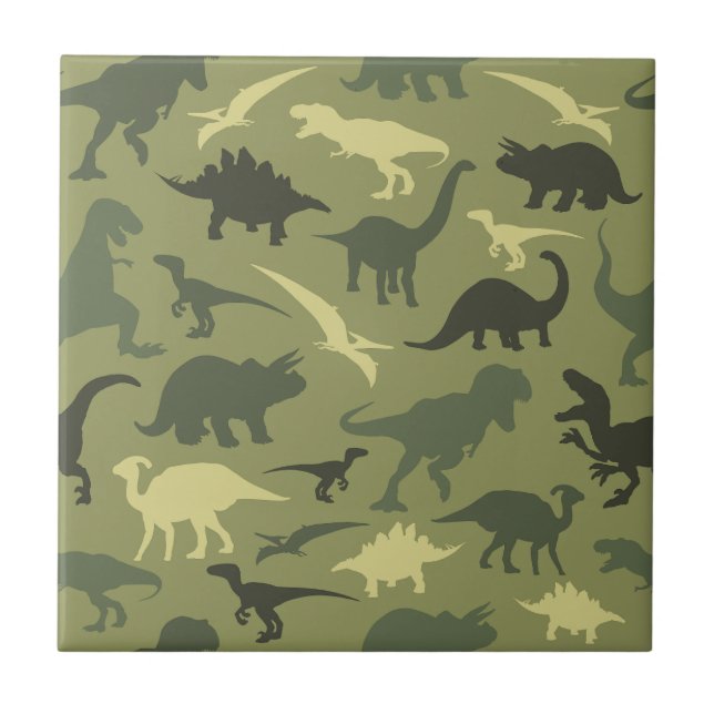 Dinosaur Pattern, Dinosaur Silhouette, Green Dino Ceramic Tile (Front)