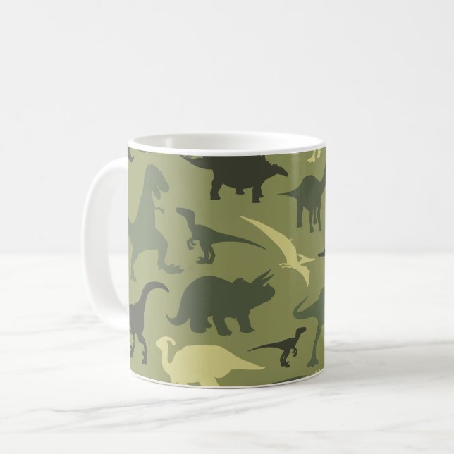 Dinosaur Pattern, Dinosaur Silhouette, Green Dino Coffee Mug (Front Left)