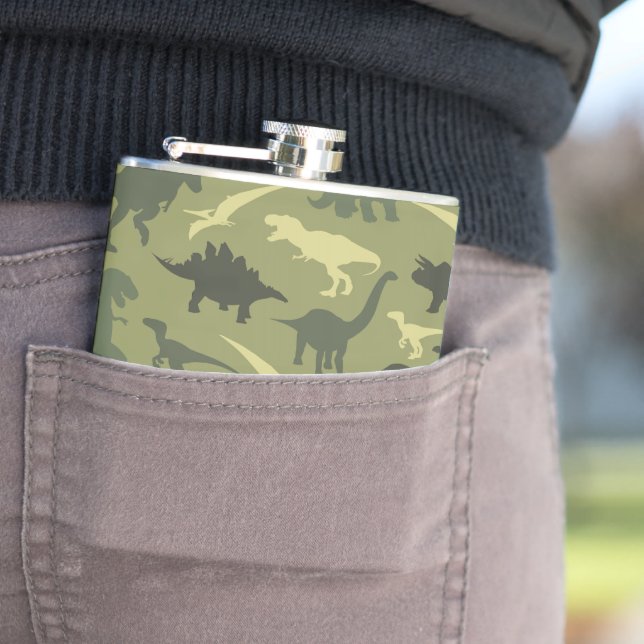 Dinosaur Pattern, Dinosaur Silhouette, Green Dino Flask (In Situ)
