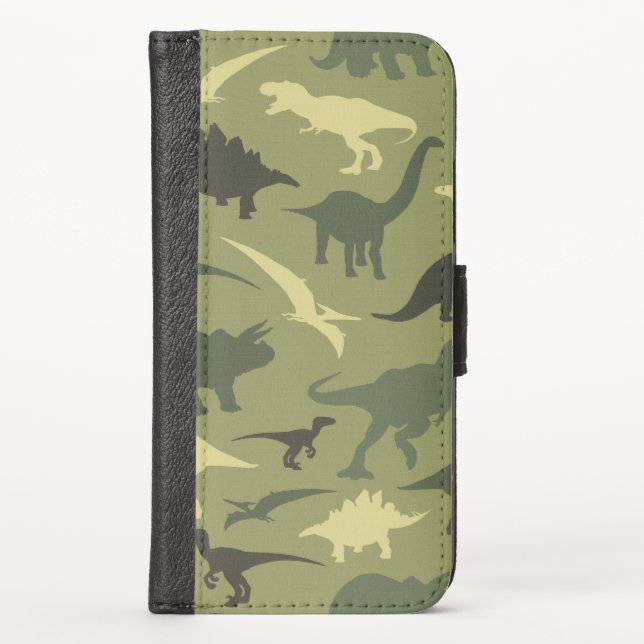 Dinosaur Pattern, Dinosaur Silhouette, Green Dino iPhone Wallet Case (Front)