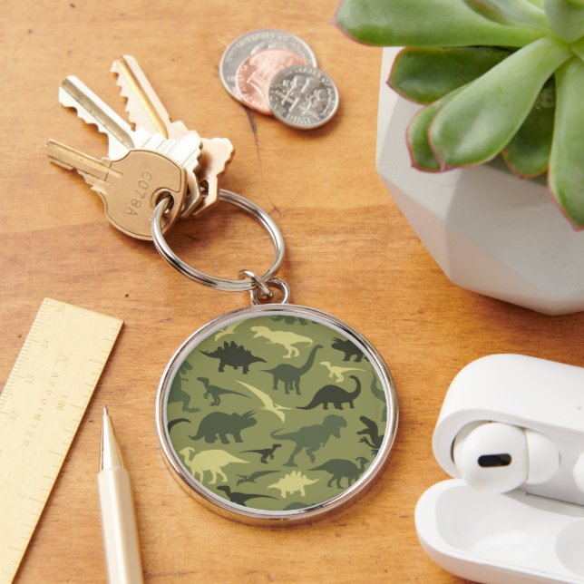 Dinosaur Pattern, Dinosaur Silhouette, Green Dino Keychain (Desk)