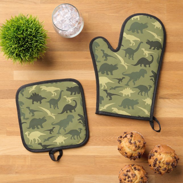 Dinosaur Pattern, Dinosaur Silhouette, Green Dino Oven Mitt & Pot Holder Set (Top Down)