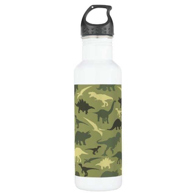 Dinosaur Pattern, Dinosaur Silhouette, Green Dino Stainless Steel Water Bottle (Front)